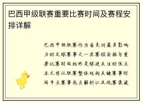 巴西甲级联赛重要比赛时间及赛程安排详解