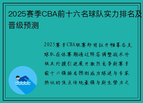 2025赛季CBA前十六名球队实力排名及晋级预测