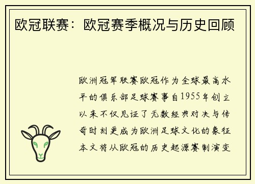 欧冠联赛：欧冠赛季概况与历史回顾